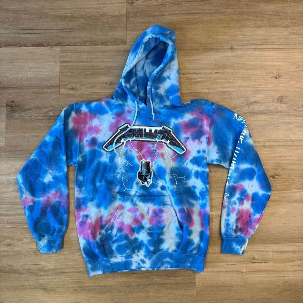 New Metallica Pink White And Blue Tie Dye Ride The Lighting Pullover Hoodie Sz S